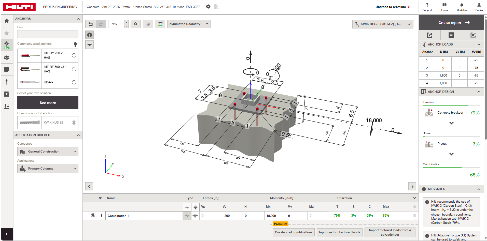 Hilti PROFIS Engineering anchor design analysis showing anchor loads and concrete breakout utilization