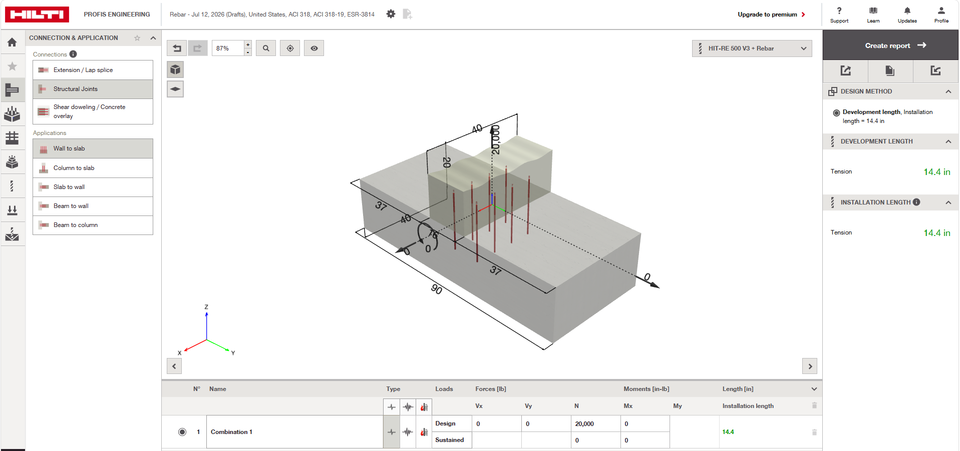Hilti PROFIS Engineering rebar design analysis showing development and installation lengths
